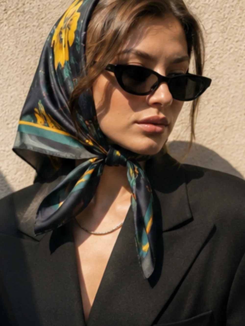 Navy Floral Silk-Look Neck Scarf with Yellow Blooms
